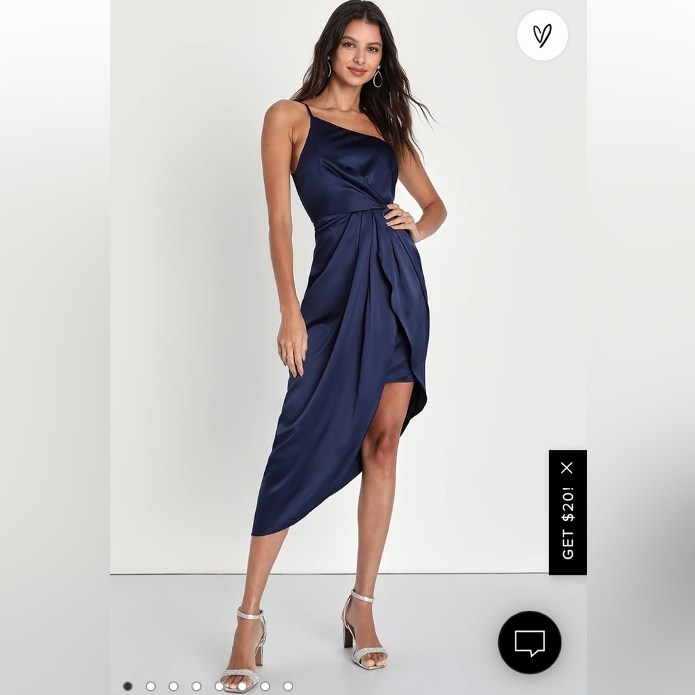 Lulu’s Law of Attraction Navy Blue One-Shoulder Asymmetrical Midi Dress
